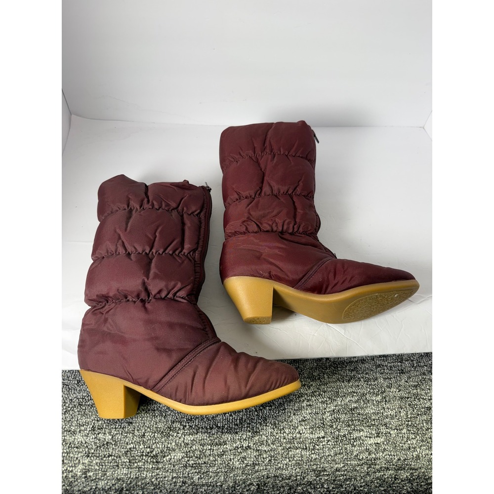 Vintage Burgundy Quilted Puffer Boots Mid Calf Block Heel Side Zip Size 8